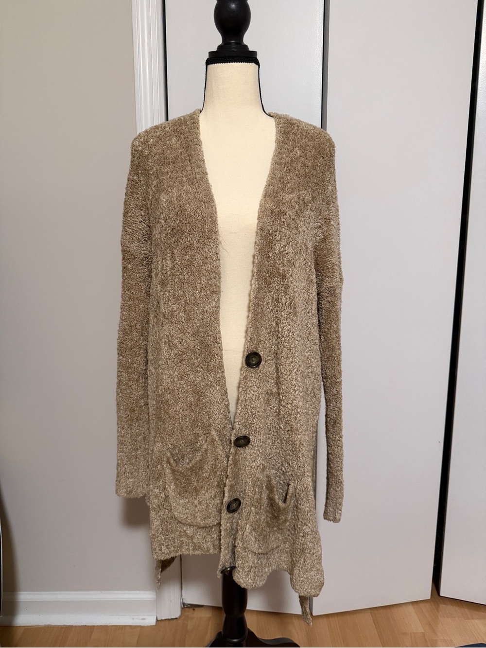 Abercrombie & Fitch Plush Open-Front Long Cardigan in Taupe